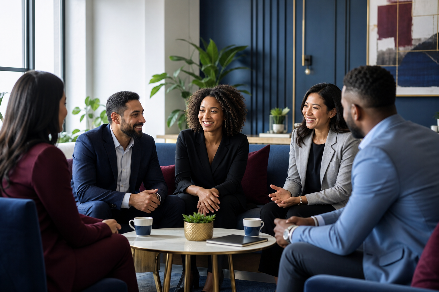Fem personer i affärskläder sitter i en avslappnad gruppdiskussion i en modern kontorsmiljö och samtalar över kaffe.